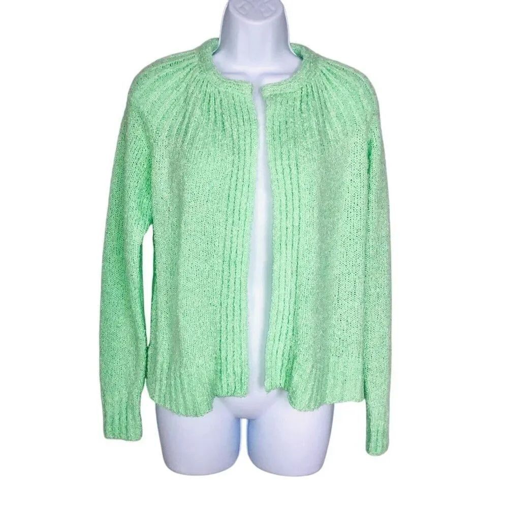 Vintage 80s Northern Isles Womens L Sweater Green Knit Open Front Cardigan Long